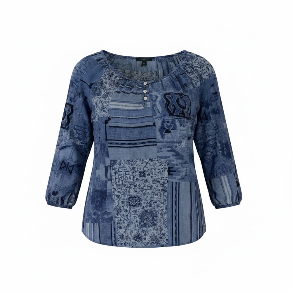 Lauren‎ Ralph Lauren Blue Patchwork Cotton Peasant Blouse Top Womens Large L